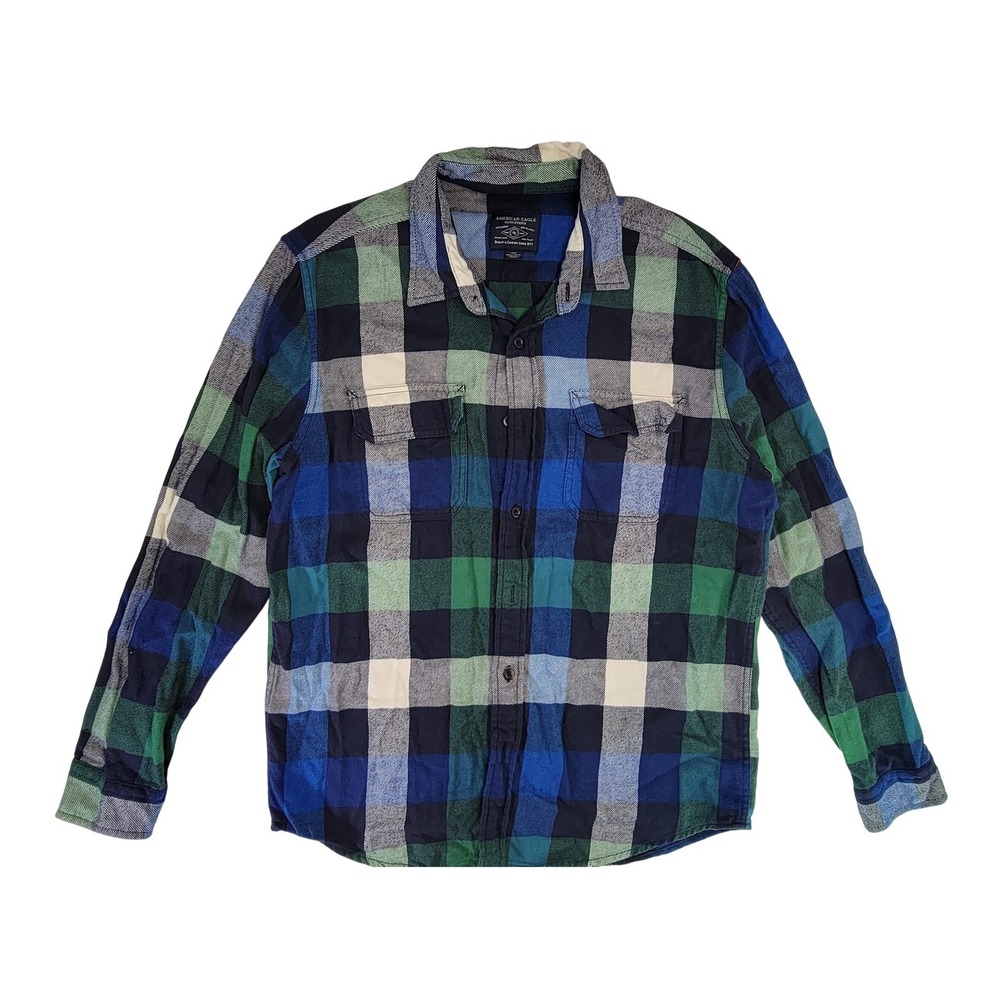 American Eagle Outfitters Mens Plaid Flannel Shirt Blue Green Long Sleeve Size L